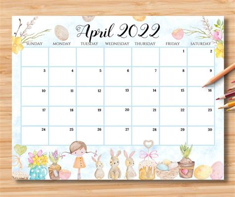 Editable April Calendar 2022 Happy Easter Day With Easter Eggs