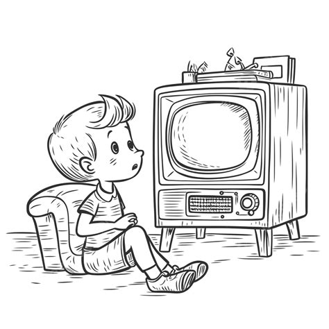 Boy Watching Tv Clip Art Vector Stock Outline Sketch Drawing Wing