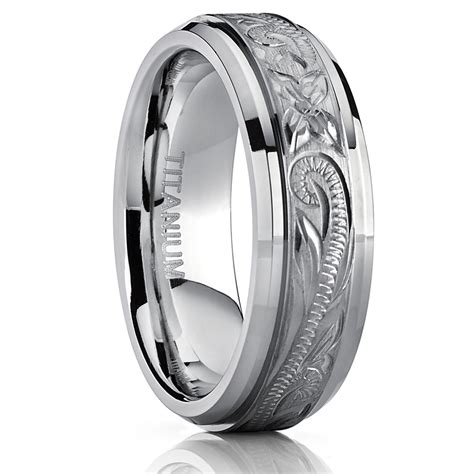 Mens Hand Engraved Titanium Wedding Ring Band Comfort Fit 7mm Metal