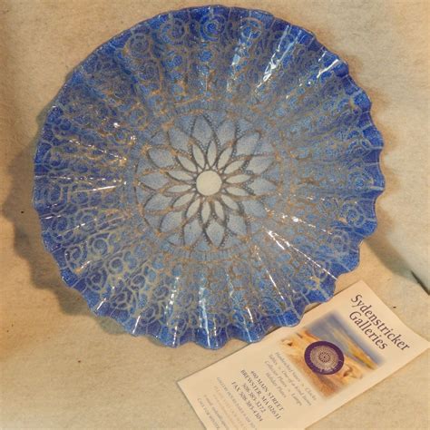 Lrg Signed Sydenstricker Fused Art Glass 12 Fluted Plate Blue Lace Ruffled • Fused Glass Art