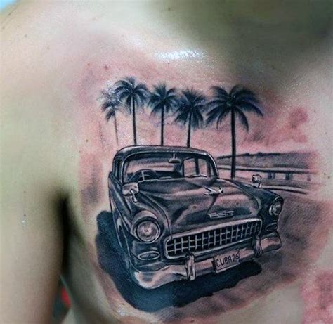 Classic Car Tattoo Men With Palm Trees On Chest Hot Rod Tattoo Tattoo