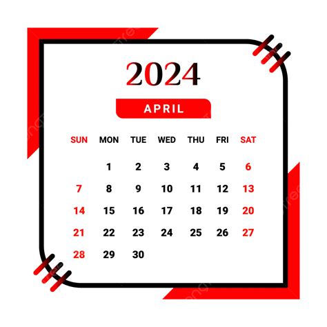 Gambar Kalender Bulan April 2024 Dengan Warna Hitam Dan Merah Vektor