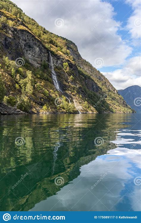 Waterfall Falling In Norwegian Fjord Aurlandsfjord Stock Image Image