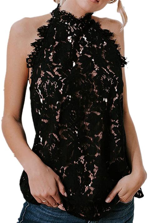 Bigyonger Womens S Lace Trim Sleeveless Summer Tank Tops Halter Hollow Out Crochet Vest Sexy