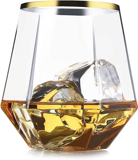 Kddigz Pack Of 2 Diamond Whiskey Glasses 350 Ml Crystal Clear Scotch Bar Golden Rim Glass Set