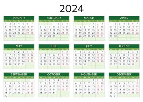 Calendario Del Año 2024 Inglés Horizontal Ilustración Vectorial