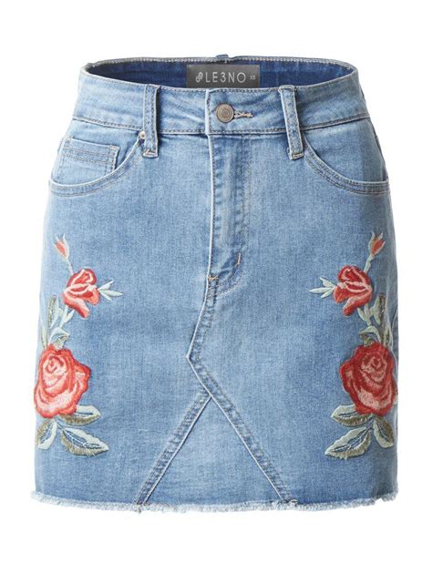 Le3no Womens Casual Denim Skirt With Floral Embroidery Casual Denim