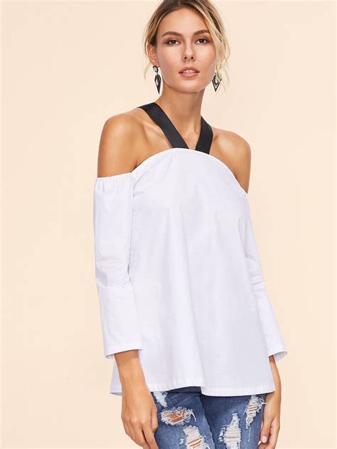White Contrast Strap Cold Shoulder Top Emmacloth Women Fast Fashion Online