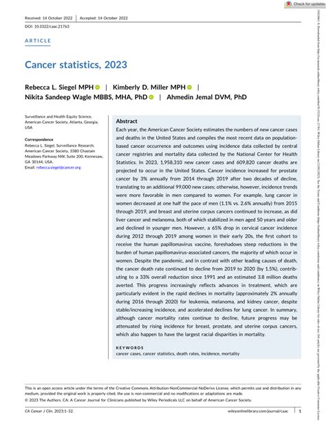 Pdf Cancer Statistics 2023