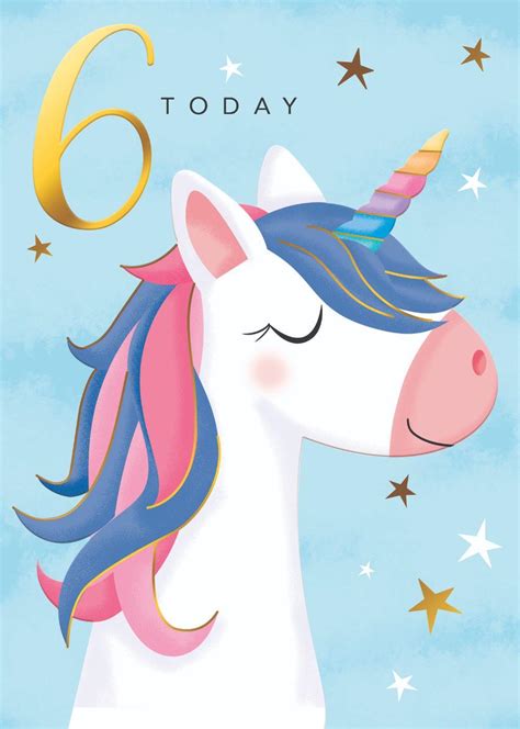 Girls 6 Today Unicorn Gold Foiled 6th Birthday Greeting Card Cards