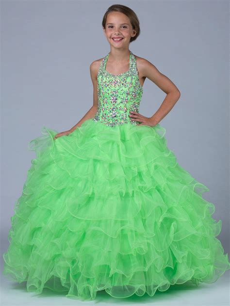 Girls Pageant Dresses Size 14 Green Organza Halter Ball Gown Beaded