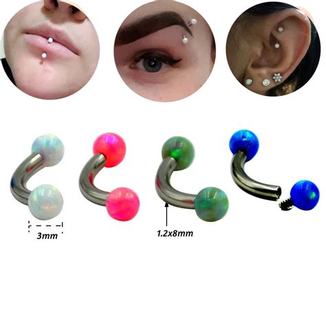 1pc 8mm 16g 3mm Opal Ball Eyebrow Piercing Surgical Steel Curved