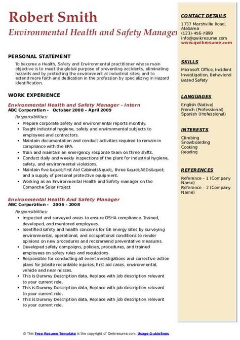 Environmental Health And Safety Manager Resume Samples Qwikresume