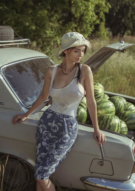 Hd Wallpaper Women Brunette Hat Women Outdoors Car Watermelons David Dubnitskiy