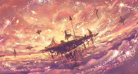Airship Cloud Bou Nin Manga Yellow Sky Fantasy Girl Anime Pink