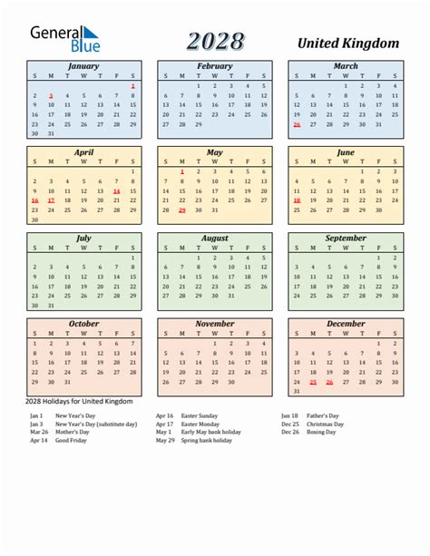 2028 United Kingdom Calendar With Holidays