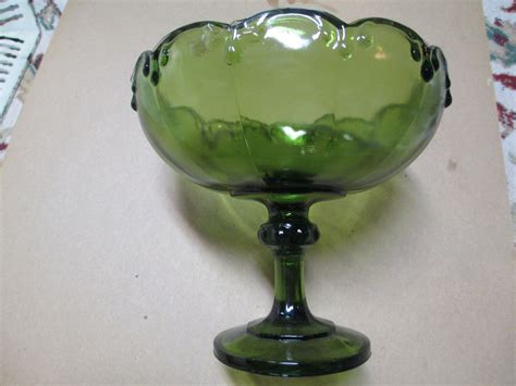 Green Glass Vintage Pedestal Fruit Bowl Candy Dish Compote Etsy