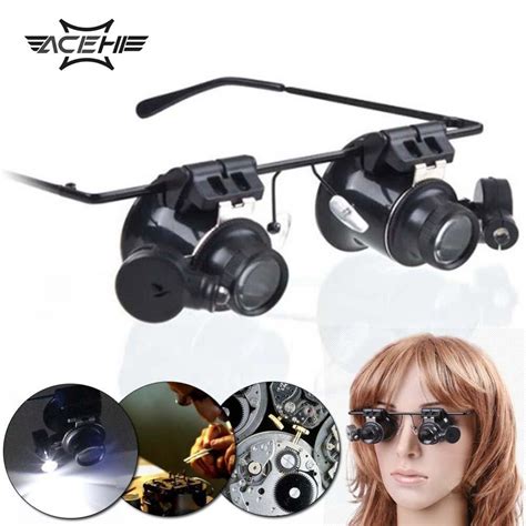 led 20x magnifier magnifying dual eye glasses loupe lens jeweler watch repair loupe
