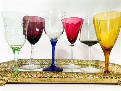 2nd Time Around Vintage Set 6 Multi Color Wine Glasses Unique Retro Combo Collection Water