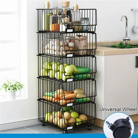 345 Tiers Rolling Wire Stackable Baskets With Wheels Organizer