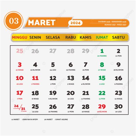 Kalender Maret 2024 Lengkap Dengan Hari Libur Nasional Vektor Kalender