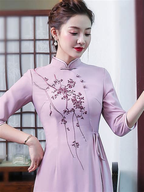 Pretty Embroidery Chinese Dress Qipao Cheongsam Purple Qipao
