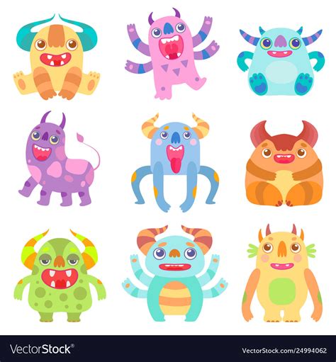 Cute Friendly Monsters With Horns Friendly Funny Vector Image