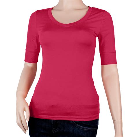 Womens Basic Elbow Sleeve V Neck Cotton T Shirt Plain Top Plus Size Available