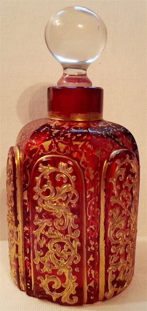 Bohemian Moser Style Cranberry Glass Perfume Bottle And Stopper Gilt