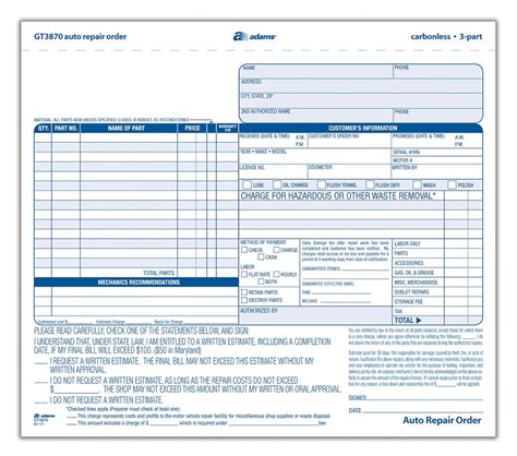 Free Printable Car Repair Form Printable Forms Free Online