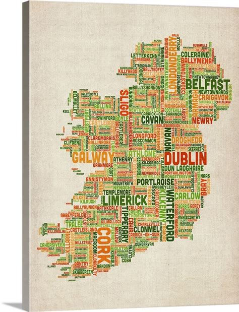 Irish Cities Text Map Irish Colors On Parchment Wall Art Canvas