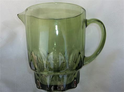 Vintage Pitcher Hazel Atlas Kings Thumbprint Avocado Green Glass