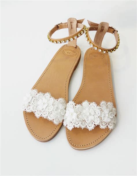 Bridal Lace And Pearls Sandals Wedding Flat Leather Sandals Etsy