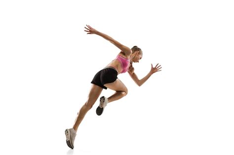 Premium Photo In Air Caucasian Professional Female Athlete Runner Training On White Studio