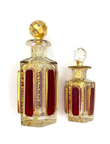 Antique Moser Red Cut To Clear Perfume Bottle With Ruby Cabochons