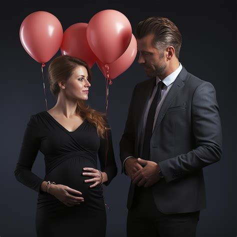 Premium Ai Image A Photo Of A Couple And A Pregnant Woman With Balloons And A Man In A Suit