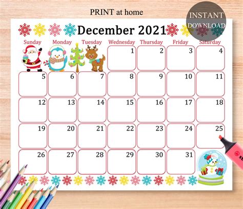 December 2021 Calendar Digital Download Monthly Calendar For Etsy