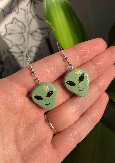 Handmade Alien Earrings Cute Handmade Clay Green Flower Alien Etsy