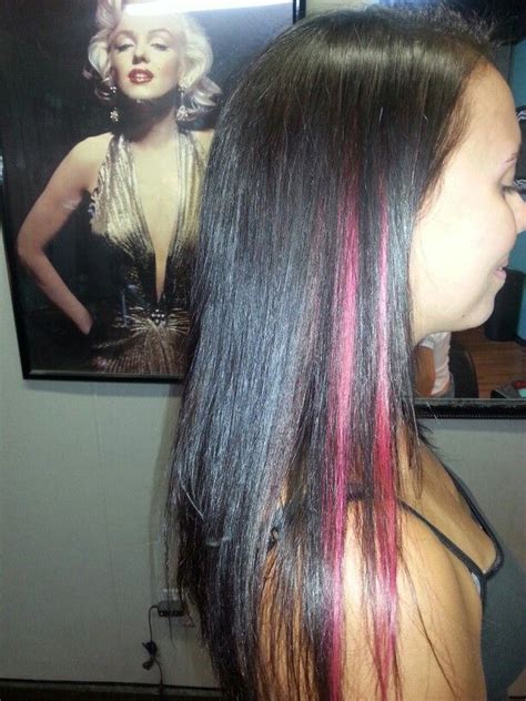 Black And Pink Peek A Boo Highlight Hair Color With Long Layered Haircut For Long Hair All