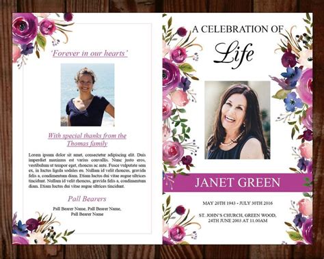 Purple Floral Funeral Program Template Floral Funeral Etsy Funeral