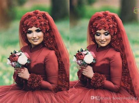3d Flowers Burgundy Muslim Wedding Dresses 2019 Arabic Plus Size Islamic Hijab Ball Gown Long