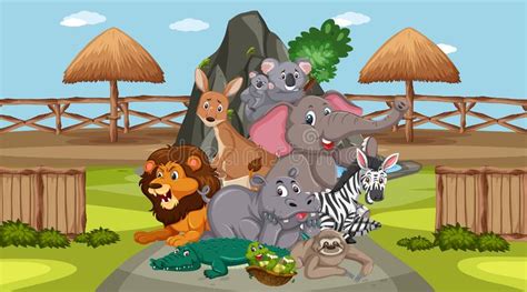 Scene With Wild Animals In The Zoo At Day Time Stock Illustration