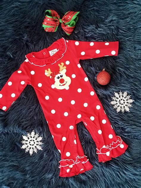 2018 Three Sisters Christmas Girls Ruffle Reindeer Infant Romper