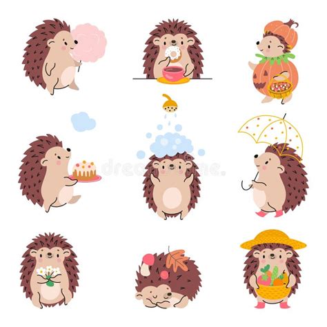 Cartoon Hedgehogs Stand And Play Hedgehog Sleep Eating Sweets And
