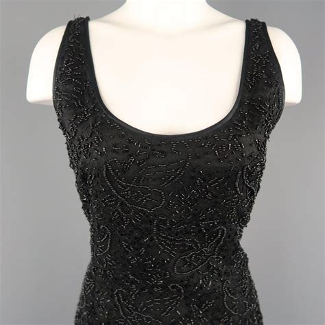 Vintage Emanuel Ungaro Size 8 Black Beaded Lace Sleeveless Dress For