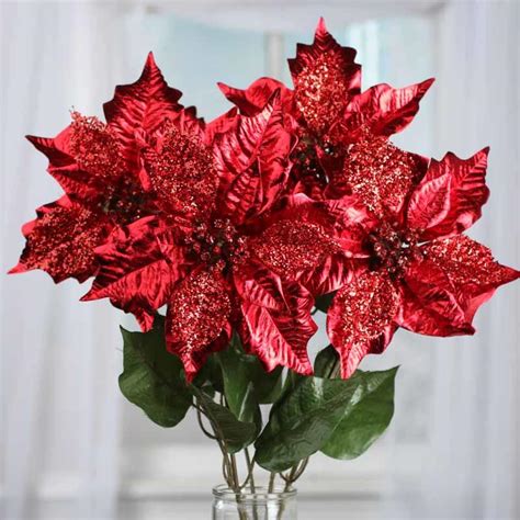 Sparkling Red Artificial Poinsettia Bush Bushes Bouquets Floral