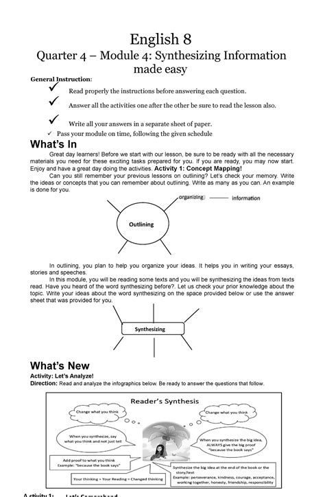 English Q4m4 Na English 8 Quarter 4 Module 4 Synthesizing Information Made Easy General