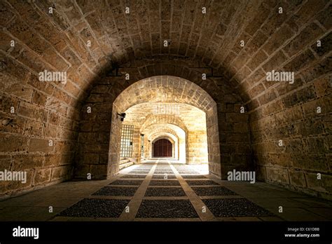 Dark Shadowy Stone Tunnel With Arch At The Palm Mallorca Cathedral