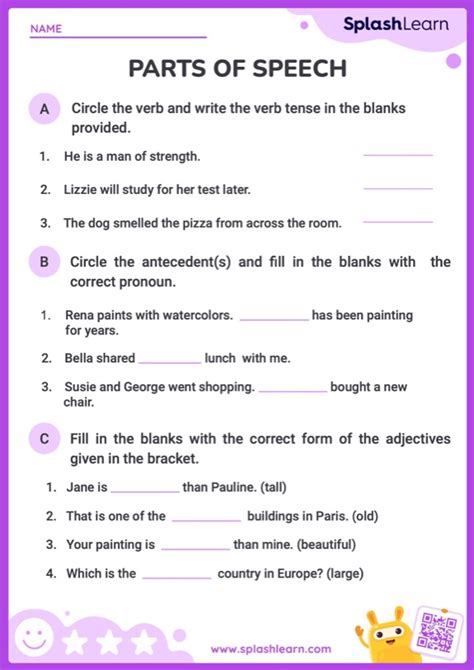 Lets Practice The Parts Of Speech Ela Worksheets Splashlearn