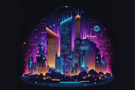 Futuristic Neon Light City Building With Skyline Background Flawless